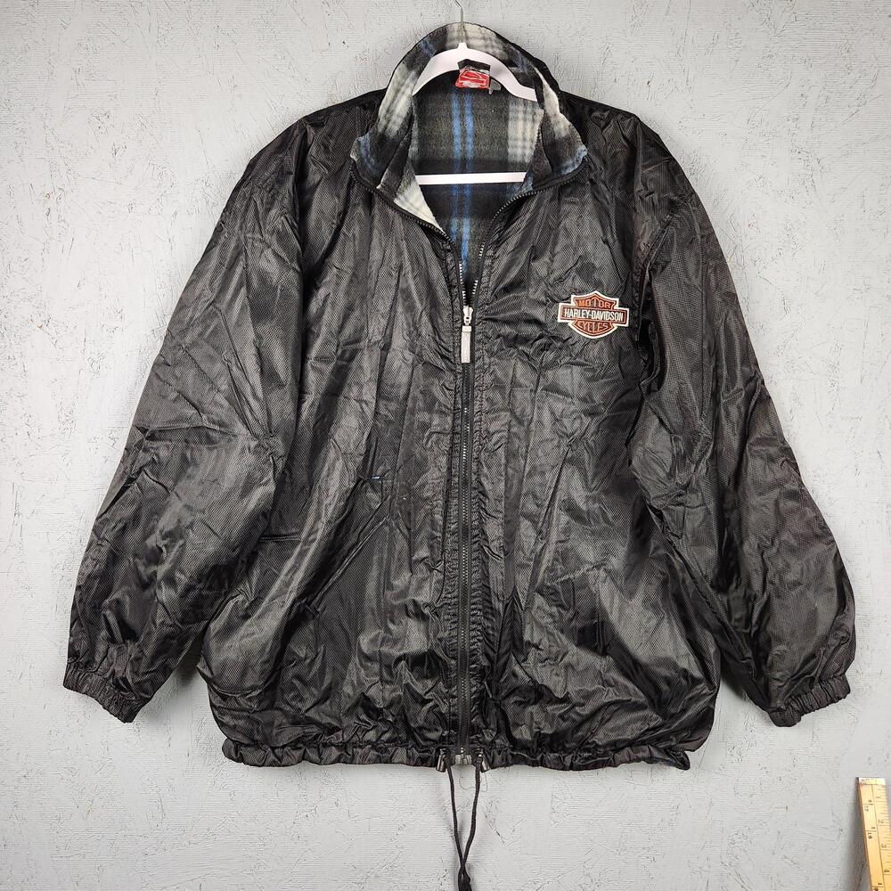 Vintage Harley Davidson Jacket Mens Large Black Plaid Lined Reversible 90s Logo